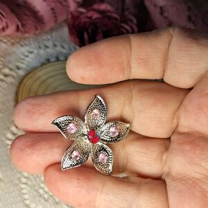 Pink & Red Crystal Silvertone Flower Brooch